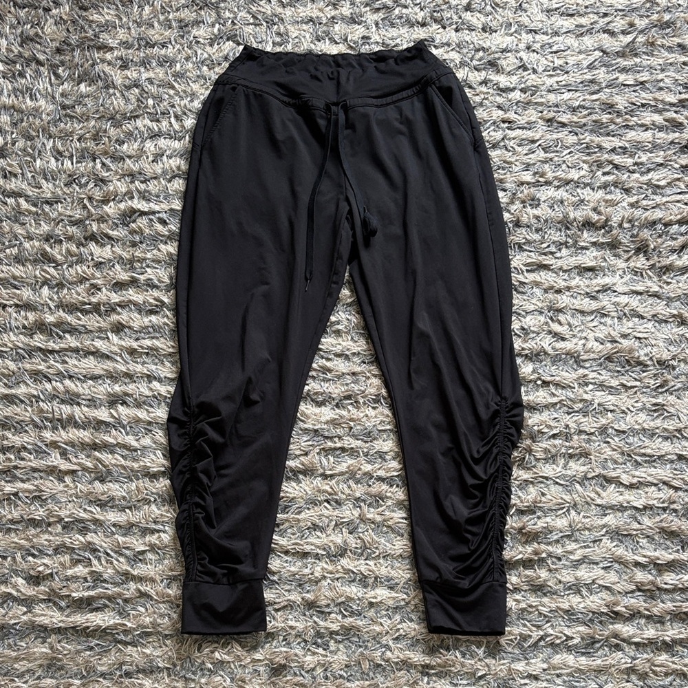 Women's Black Ruched Side Joggers with Pockets - Athletic Track Pants Size S
